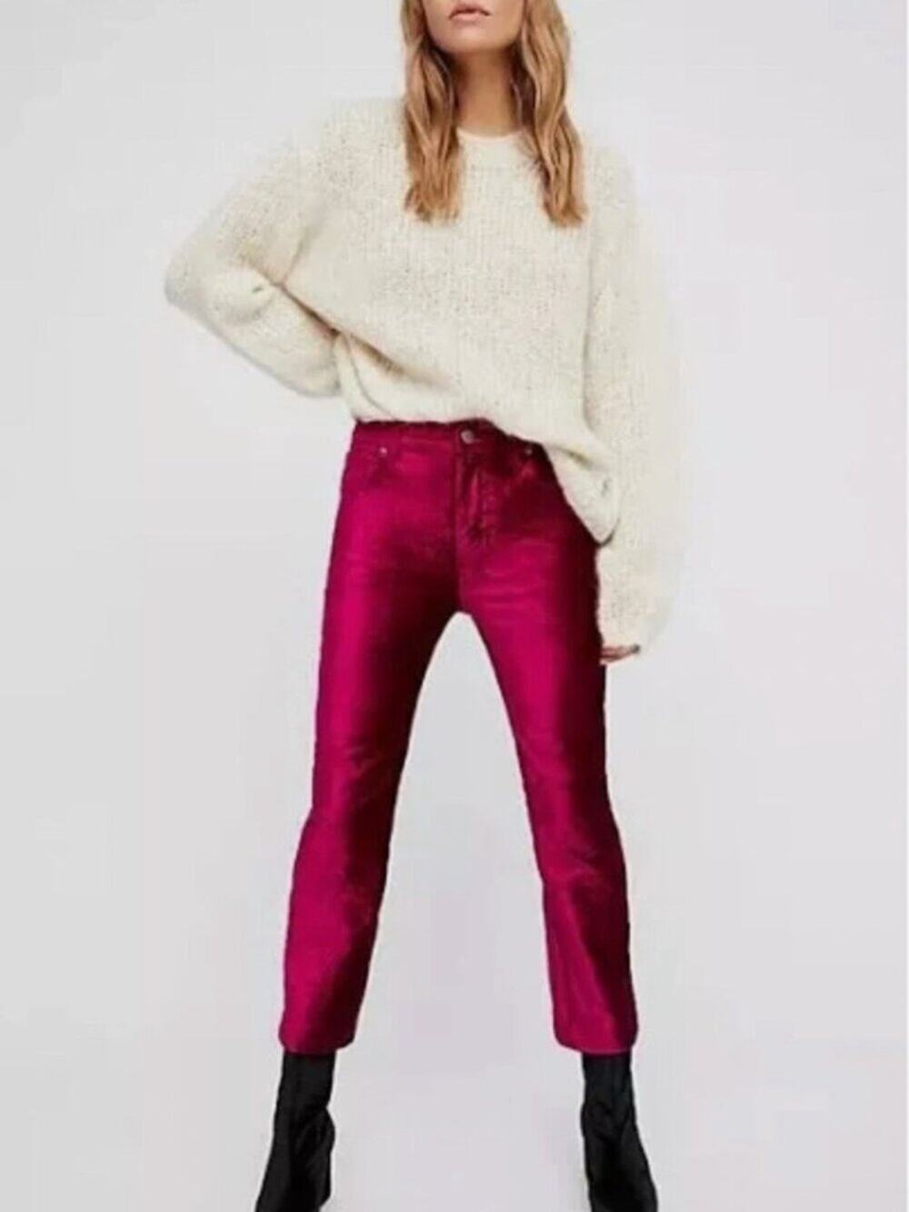 Free People Crushed Velvet Fuschia Pink Cropped Straight Leg Pants